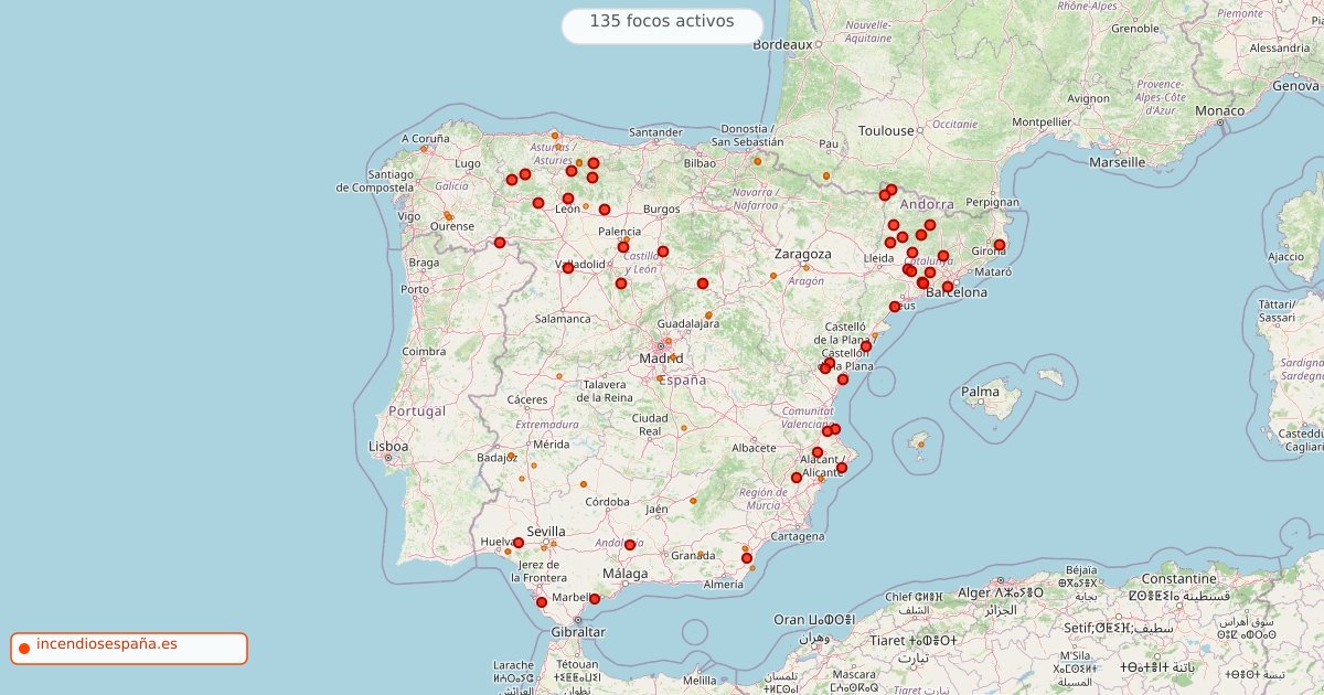 Mapa de incendios forestales activos en España el 14 de julio de 2026