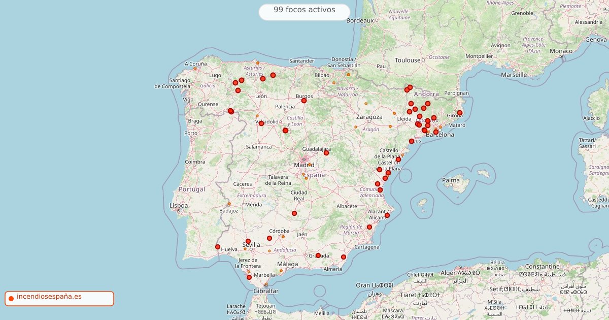 Mapa de incendios forestales activos en España el 15 de julio de 2026