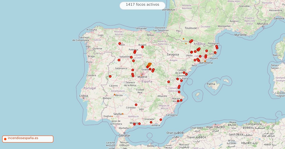 Mapa de incendios forestales activos en España el 20 de julio de 2026