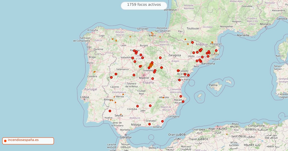 Mapa de incendios forestales activos en España el 21 de julio de 2026