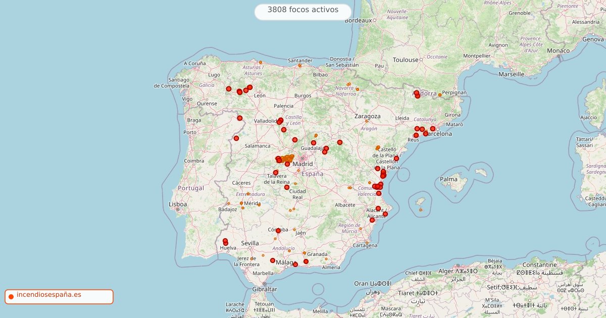Mapa de incendios forestales activos en España el 25 de julio de 2026