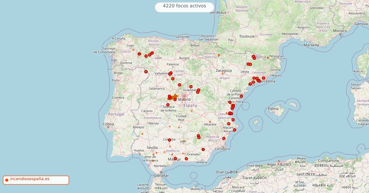 Mapa de incendios forestales activos en España el 26 de julio de 2026
