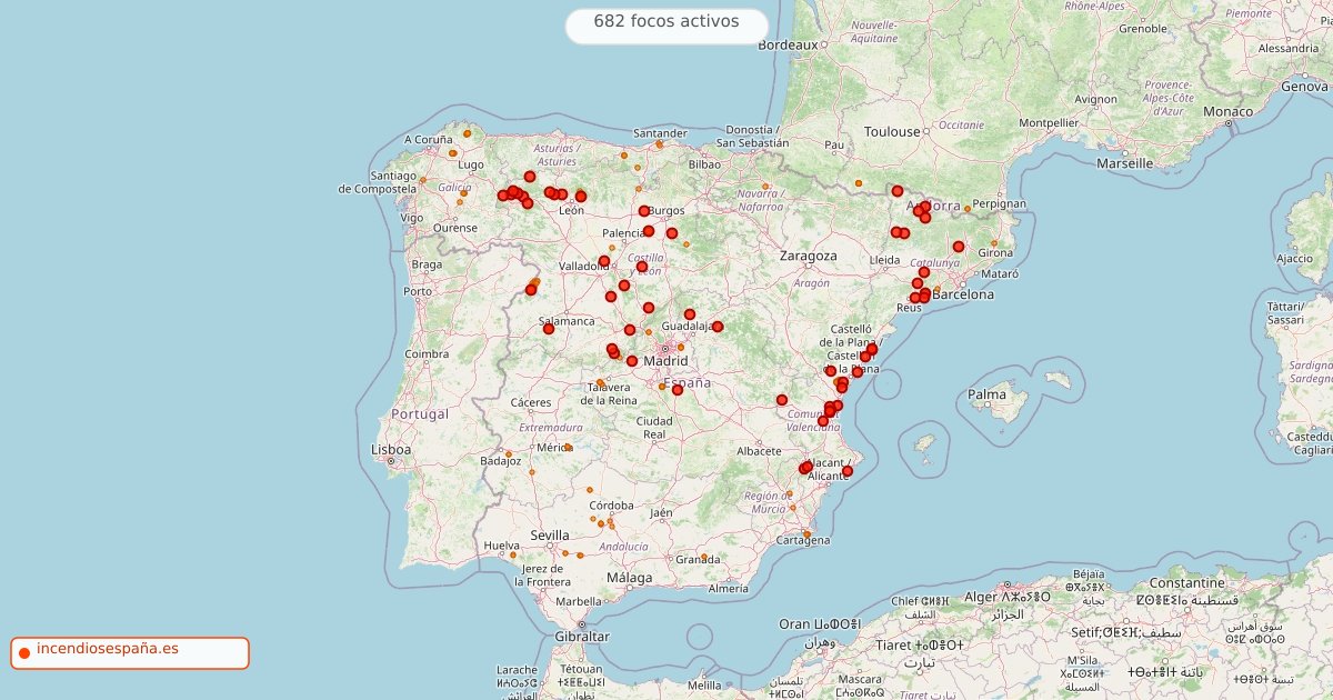 Mapa de incendios forestales activos en España el 29 de julio de 2026
