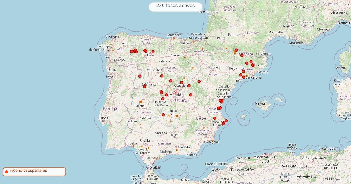 Mapa de incendios forestales activos en España el 2 de agosto de 2026