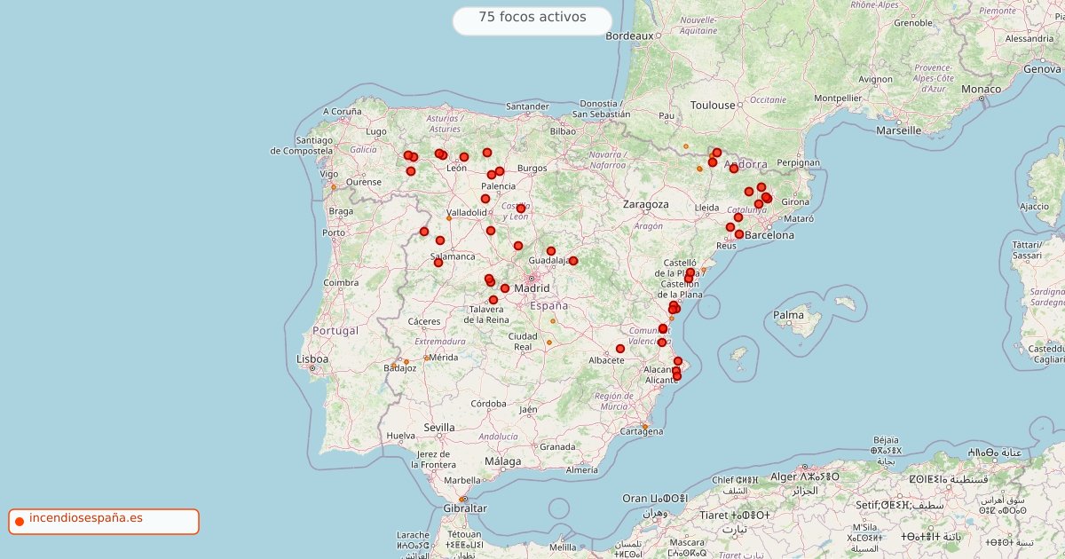 Mapa de incendios forestales activos en España el 3 de agosto de 2026