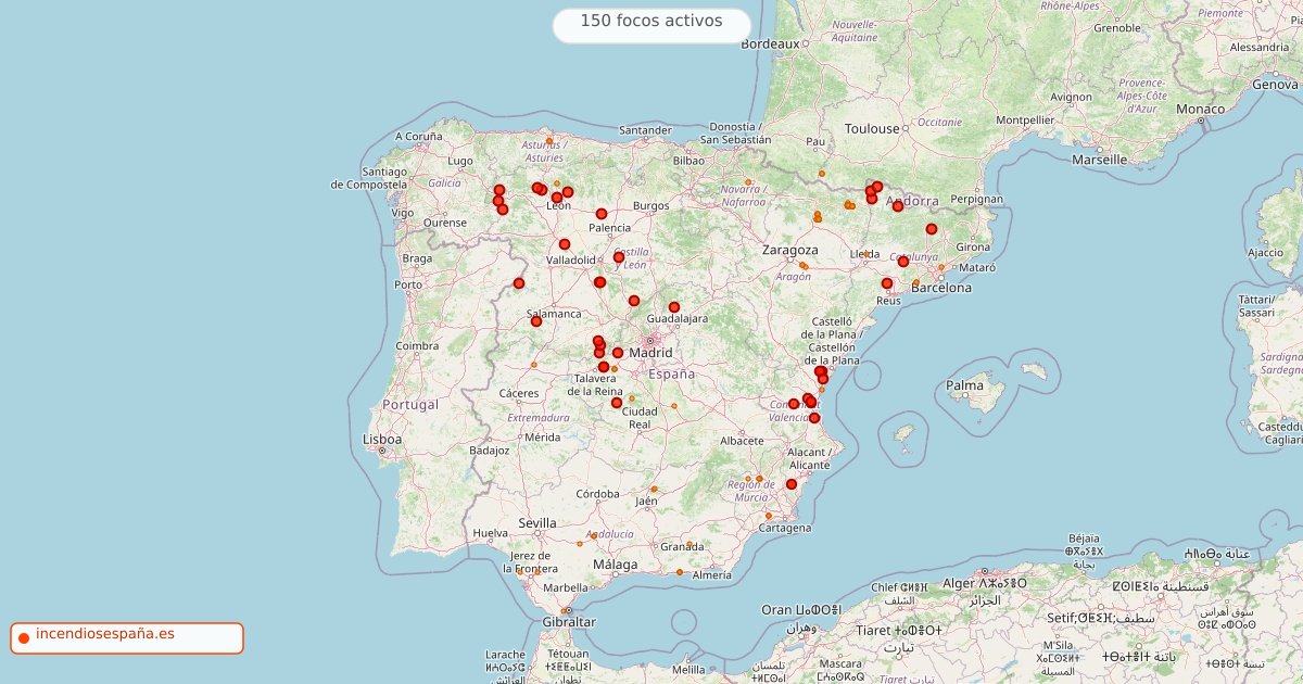 Mapa de incendios forestales activos en España el 4 de agosto de 2026