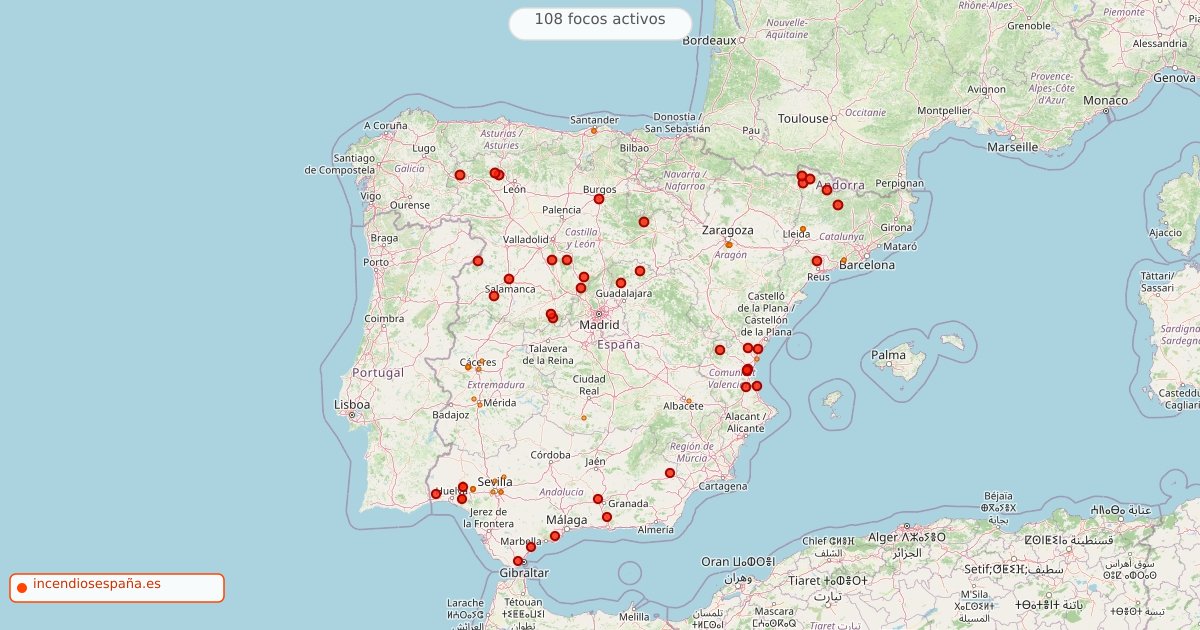Mapa de incendios forestales activos en España el 6 de agosto de 2026