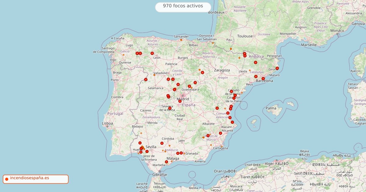 Mapa de incendios forestales activos en España el 8 de agosto de 2026