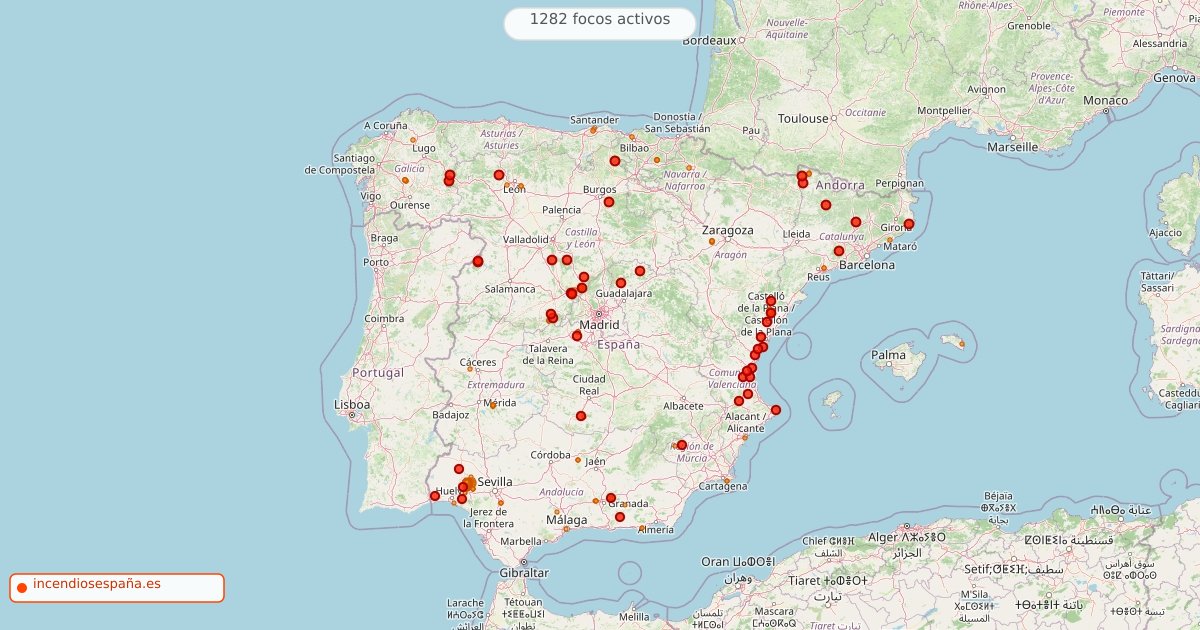 Mapa de incendios forestales activos en España el 9 de agosto de 2026