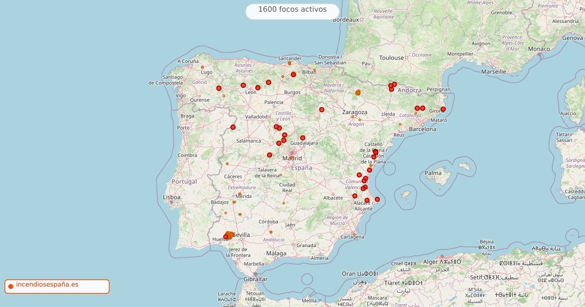 Mapa de incendios forestales activos en España el 11 de agosto de 2026