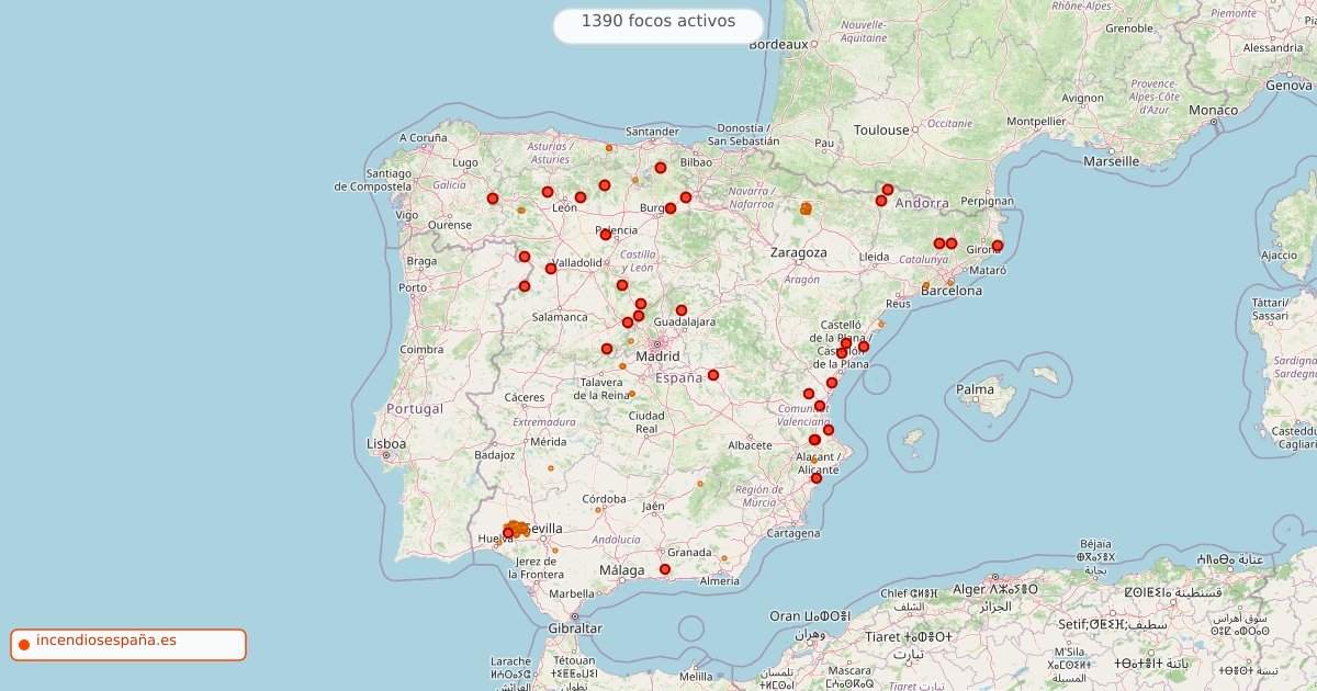 Mapa de incendios forestales activos en España el 12 de agosto de 2026