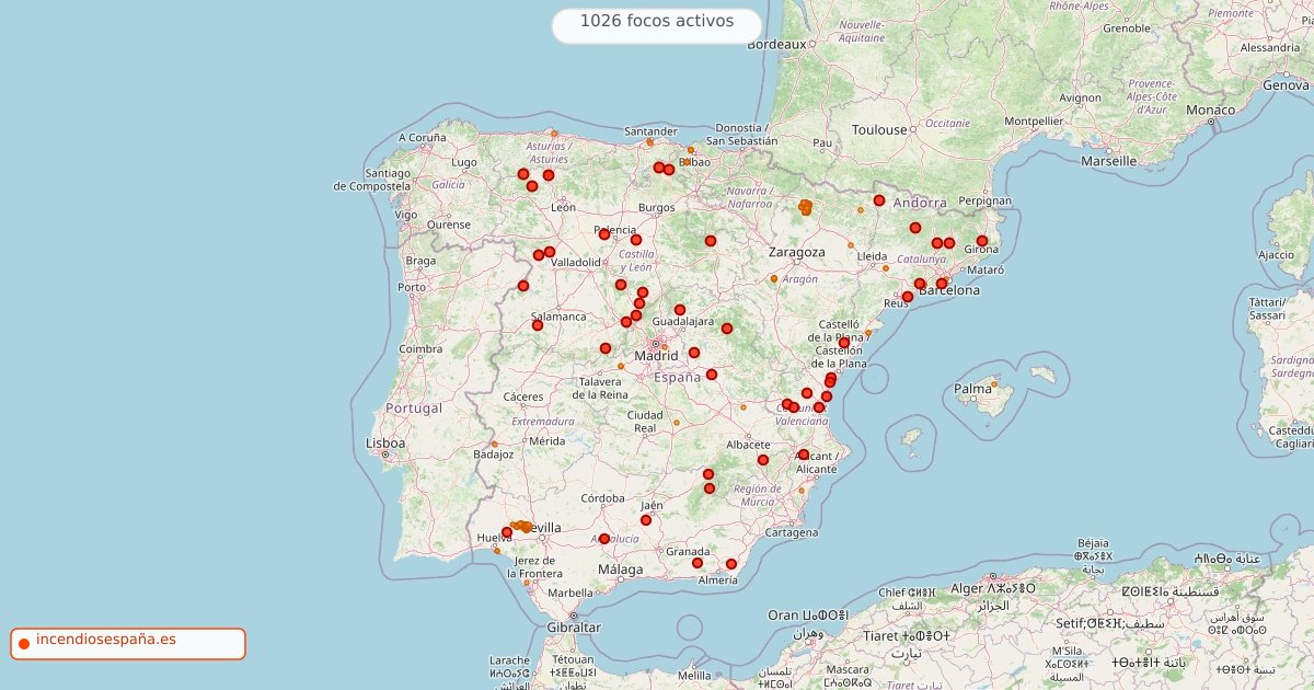 Mapa de incendios forestales activos en España el 14 de agosto de 2026