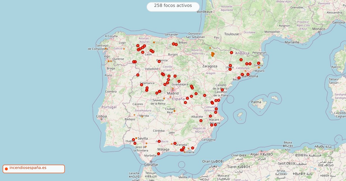 Mapa de incendios forestales activos en España el 15 de agosto de 2026