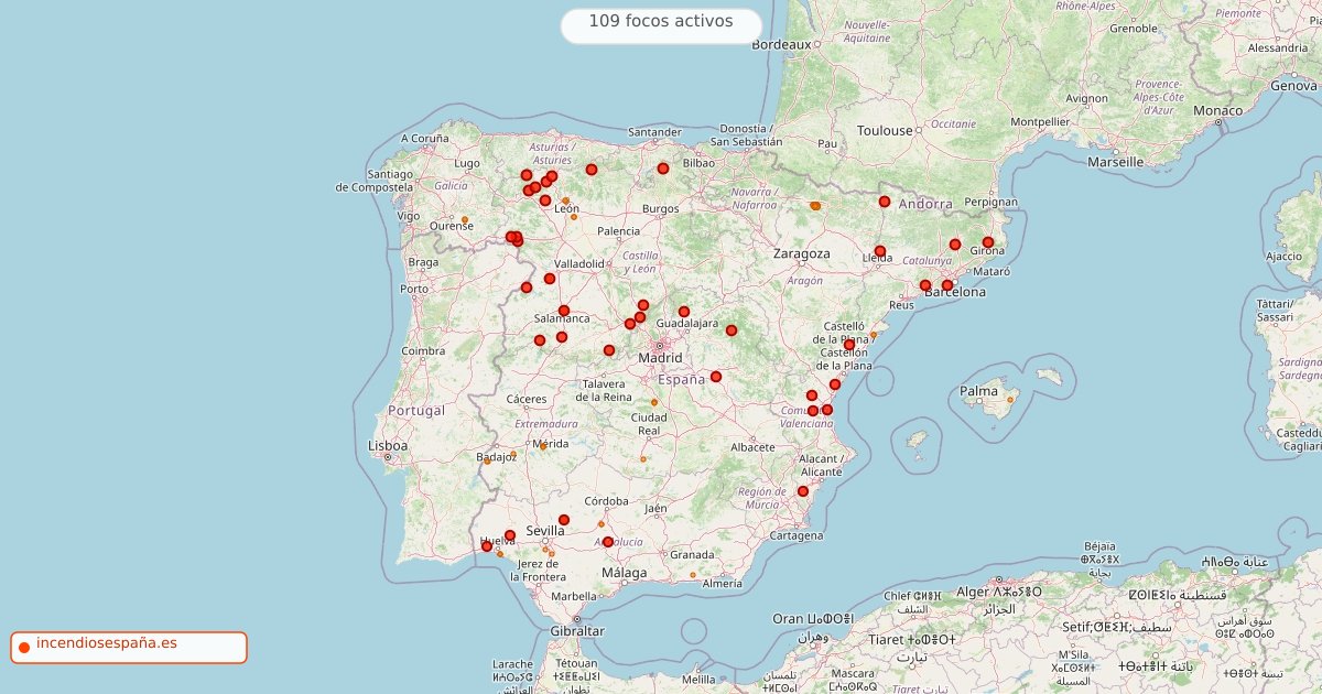 Mapa de incendios forestales activos en España el 16 de agosto de 2026