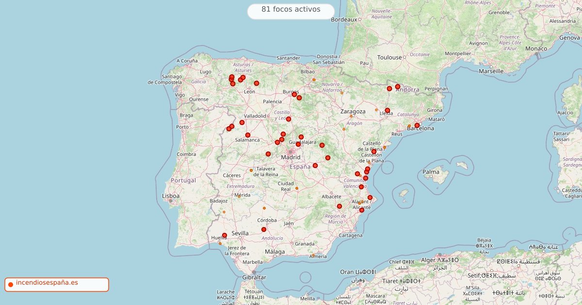 Mapa de incendios forestales activos en España el 17 de agosto de 2026
