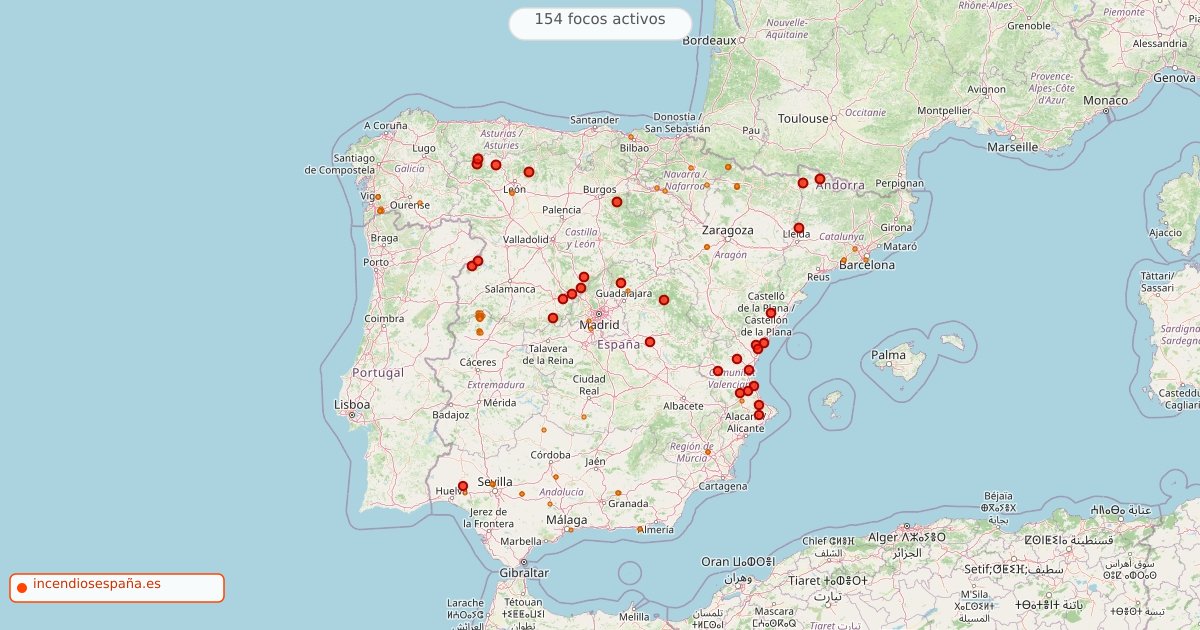 Mapa de incendios forestales activos en España el 18 de agosto de 2026