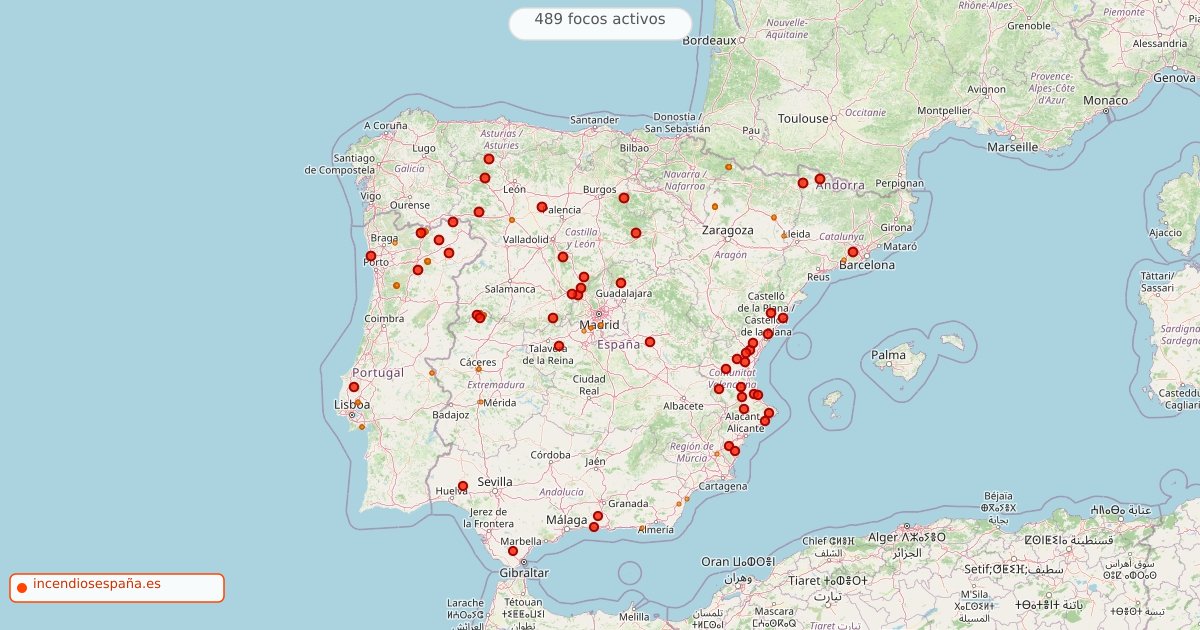 Mapa de incendios forestales activos en España el 20 de agosto de 2026
