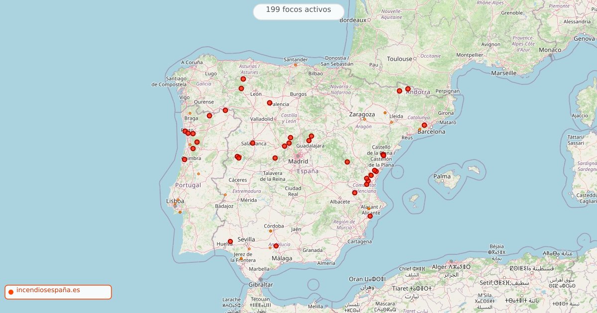 Mapa de incendios forestales activos en España el 21 de agosto de 2026