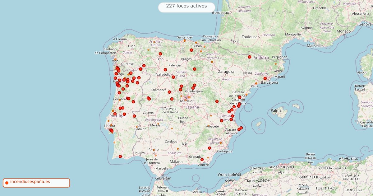 Mapa de incendios forestales activos en España el 22 de agosto de 2026