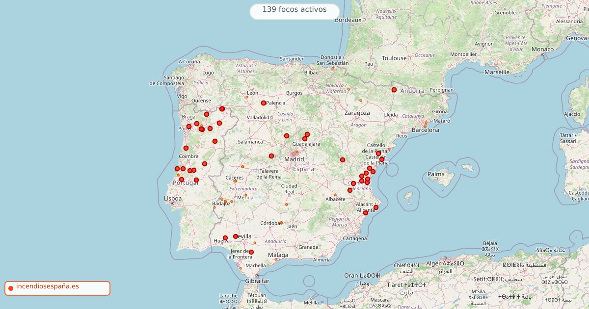 Mapa de incendios forestales activos en España el 23 de agosto de 2026