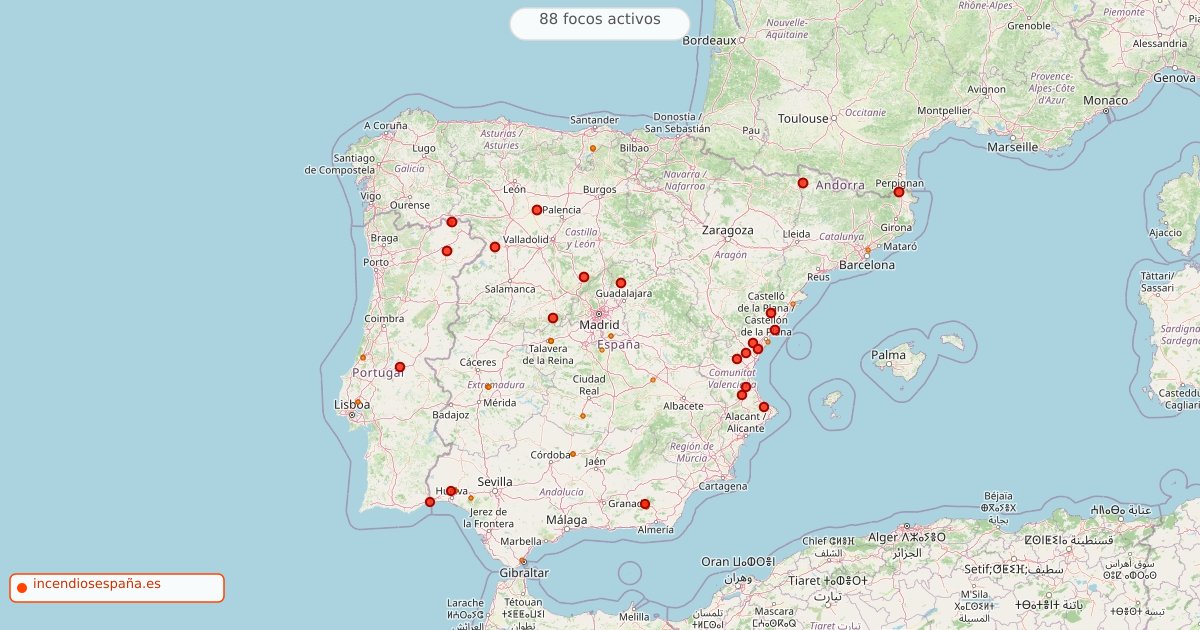 Mapa de incendios forestales activos en España el 24 de agosto de 2026