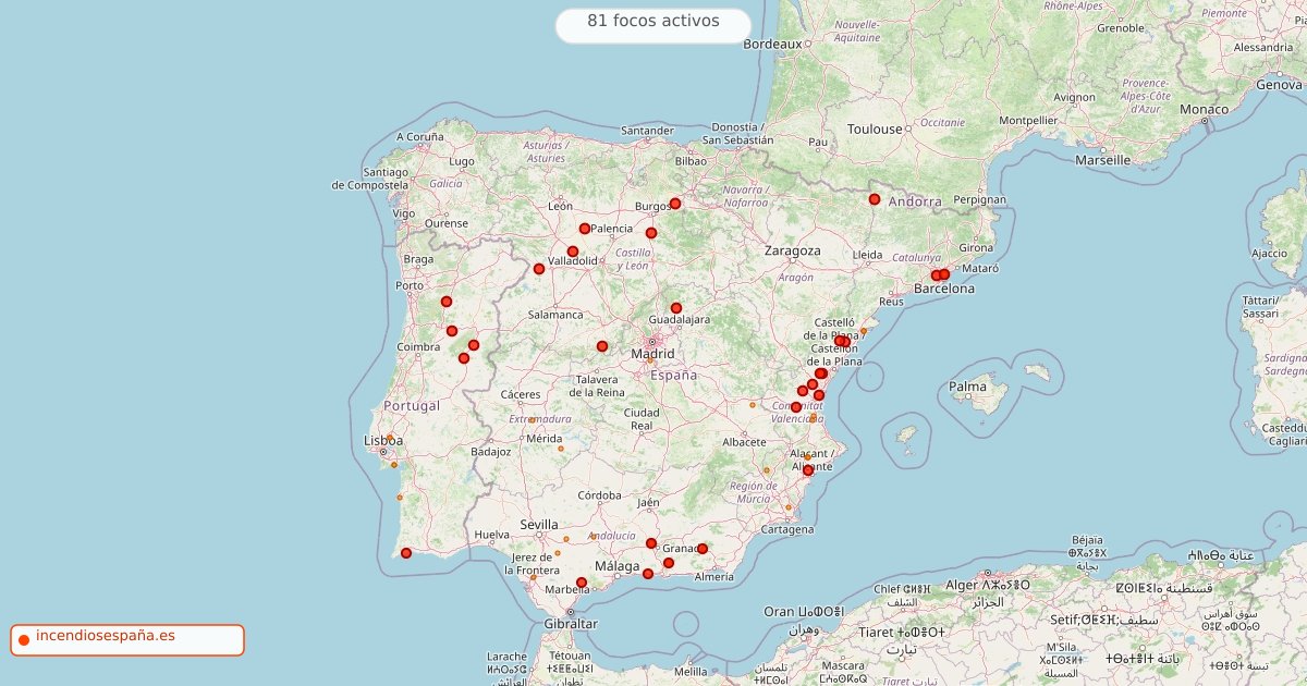 Mapa de incendios forestales activos en España el 25 de agosto de 2026
