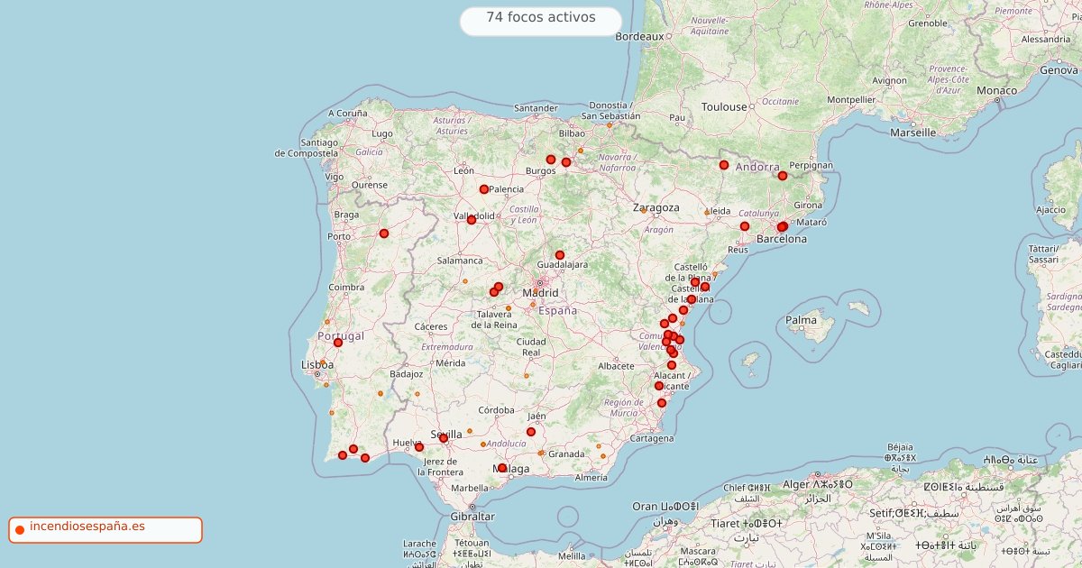 Mapa de incendios forestales activos en España el 28 de agosto de 2026