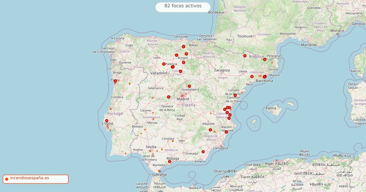 Mapa de incendios forestales activos en España el 29 de agosto de 2026