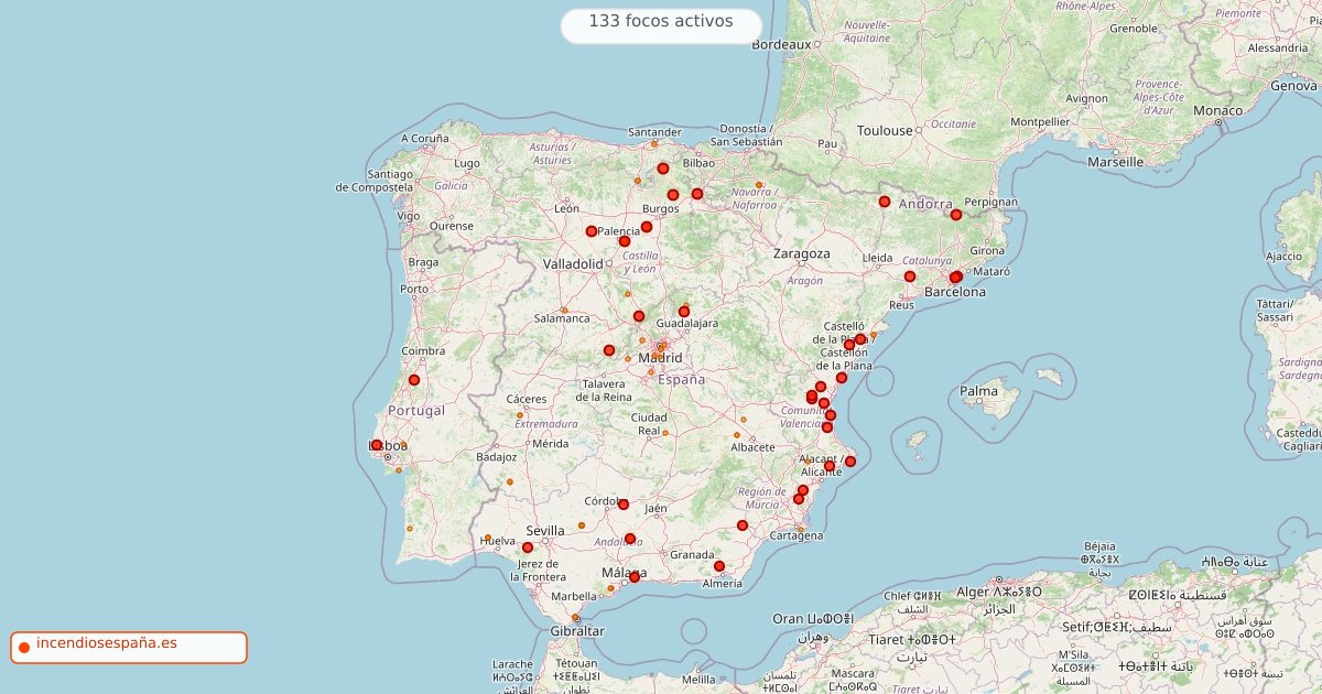 Mapa de incendios forestales activos en España el 30 de agosto de 2026