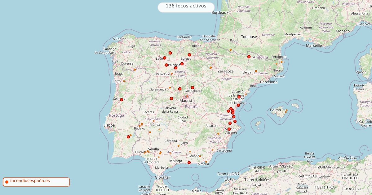 Mapa de incendios forestales activos en España el 2 de septiembre de 2026