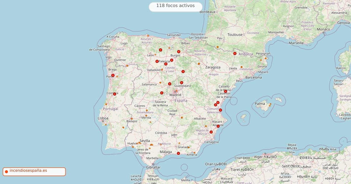 Mapa de incendios forestales activos en España el 3 de septiembre de 2026