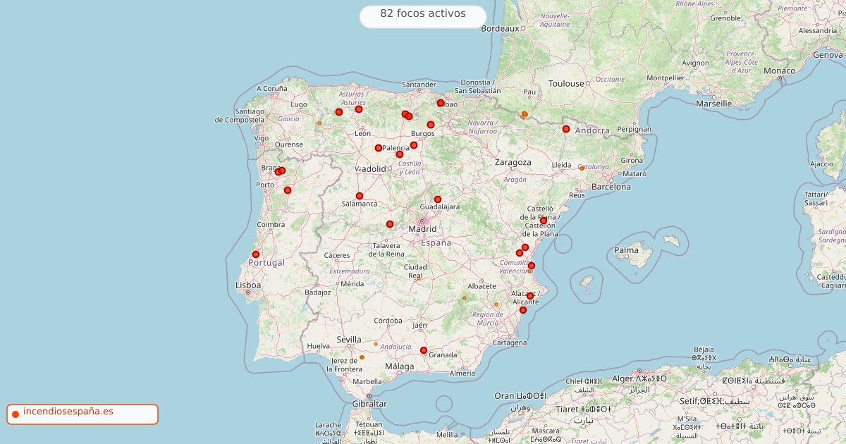 Mapa de incendios forestales activos en España el 5 de septiembre de 2026