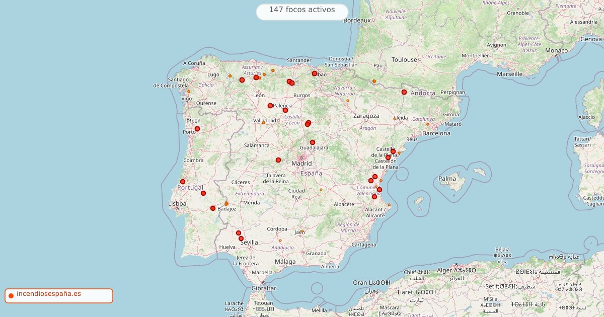 Mapa de incendios forestales activos en España el 6 de septiembre de 2026