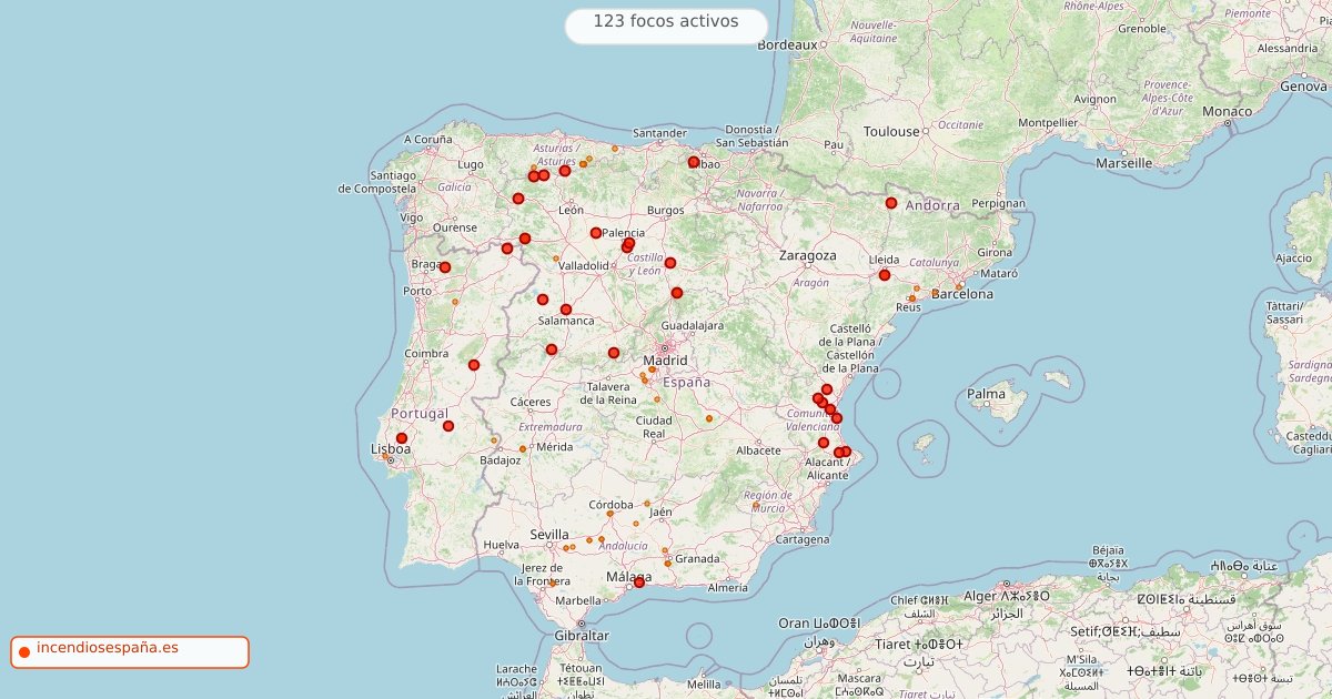 Mapa de incendios forestales activos en España el 8 de septiembre de 2026