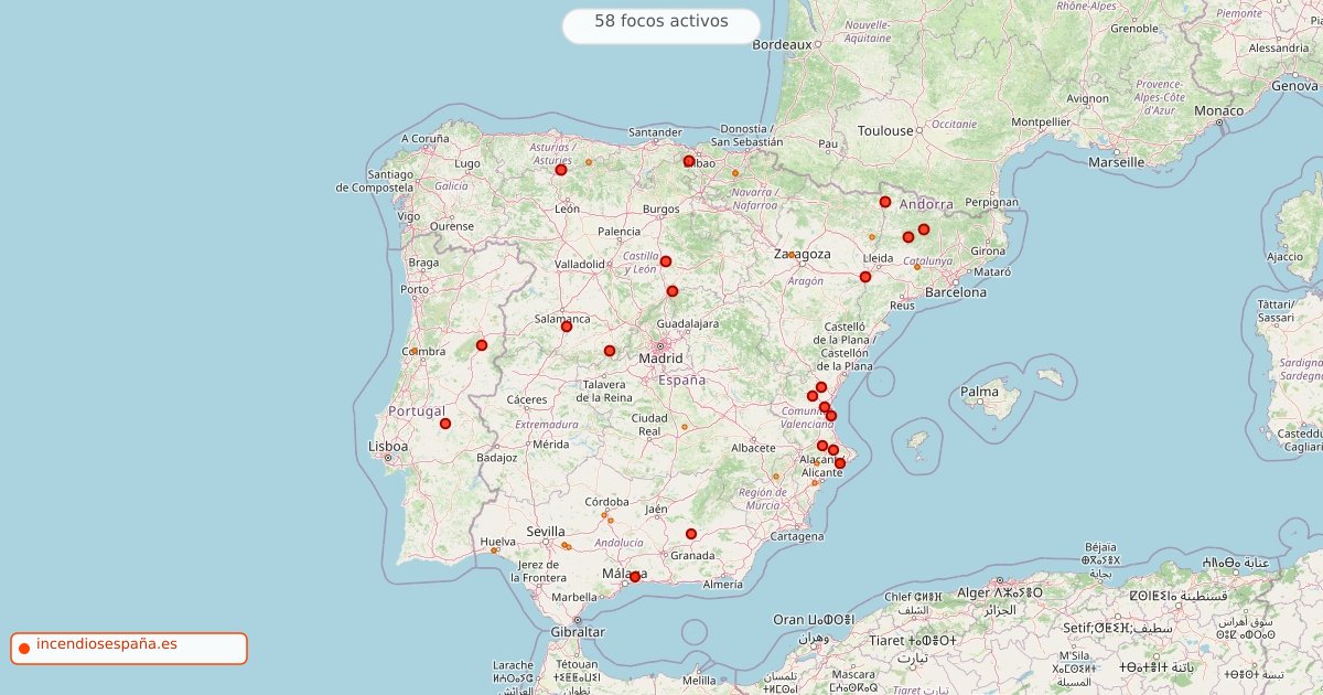 Mapa de incendios forestales activos en España el 9 de septiembre de 2026