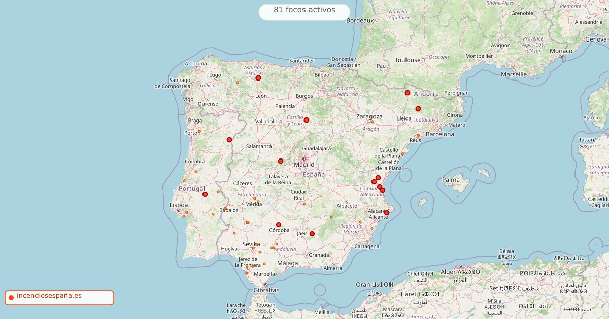 Mapa de incendios forestales activos en España el 10 de septiembre de 2026