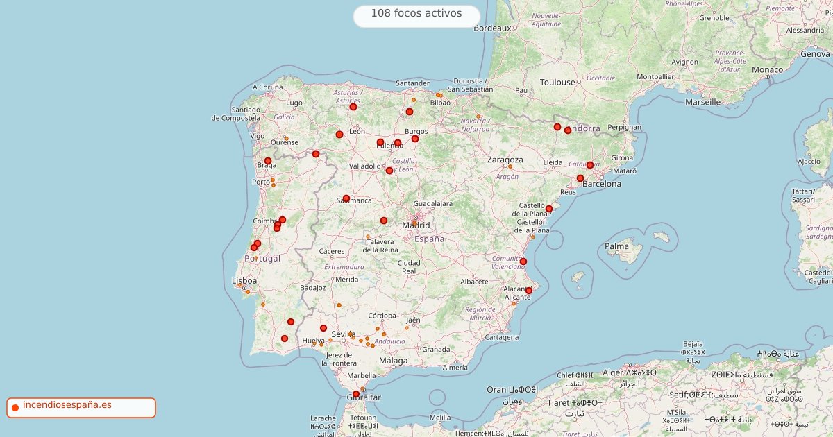 Mapa de incendios forestales activos en España el 13 de septiembre de 2026