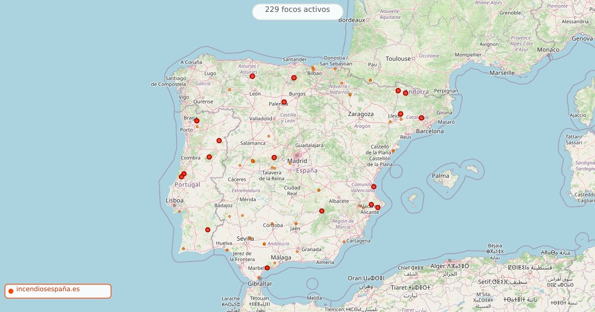 Mapa de incendios forestales activos en España el 14 de septiembre de 2026