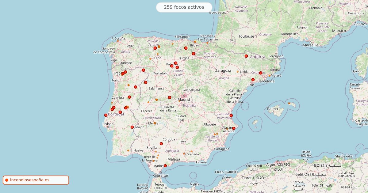 Mapa de incendios forestales activos en España el 15 de septiembre de 2026