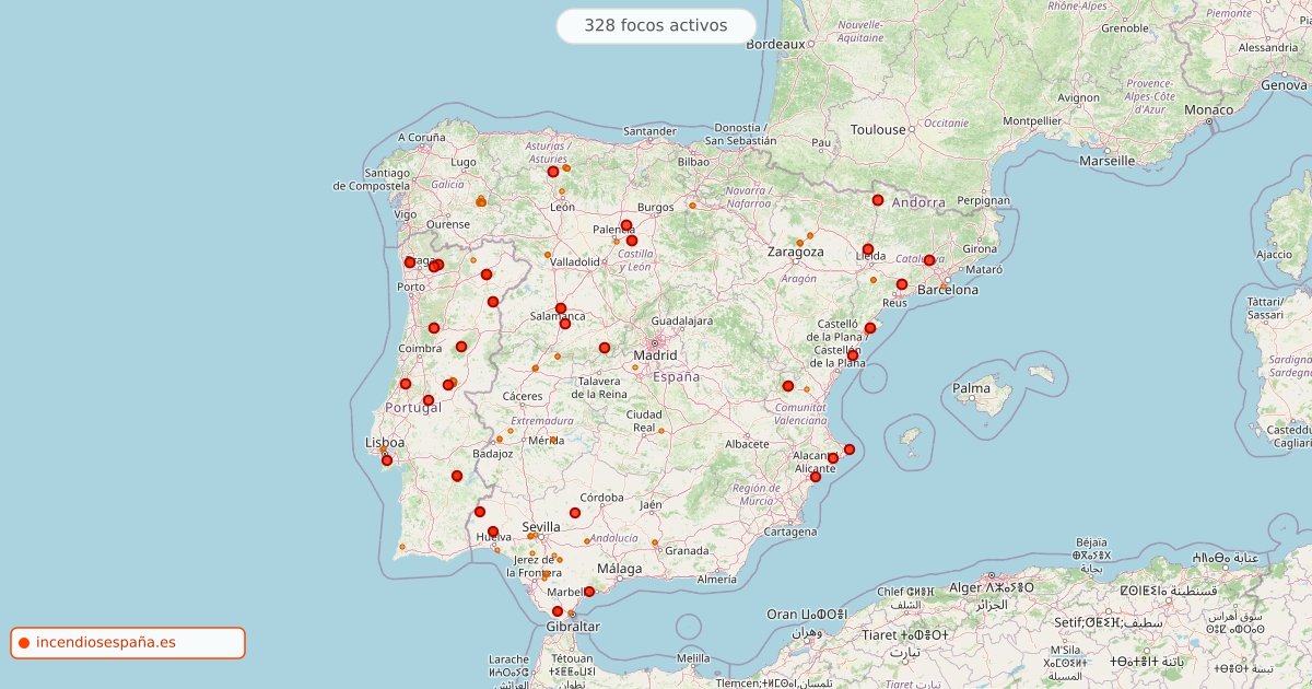 Mapa de incendios forestales activos en España el 16 de septiembre de 2026