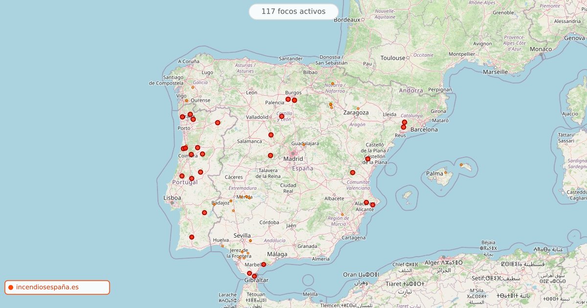 Mapa de incendios forestales activos en España el 19 de septiembre de 2026