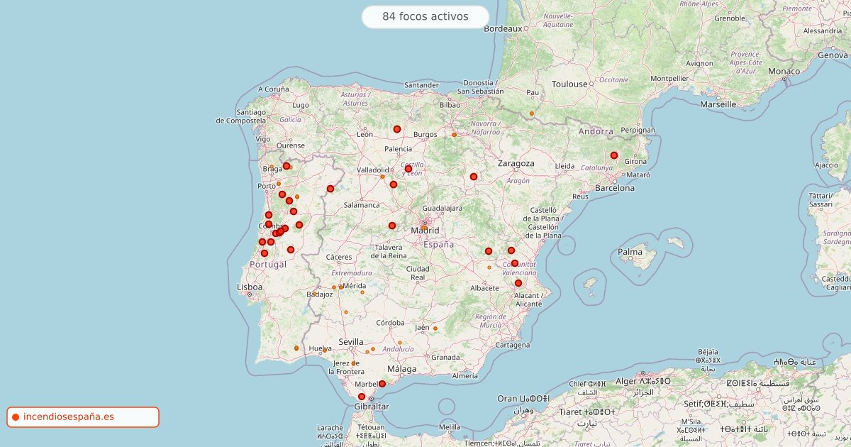 Mapa de incendios forestales activos en España el 21 de septiembre de 2026