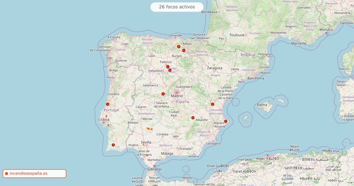 Mapa de incendios forestales activos en España el 1 de octubre de 2026