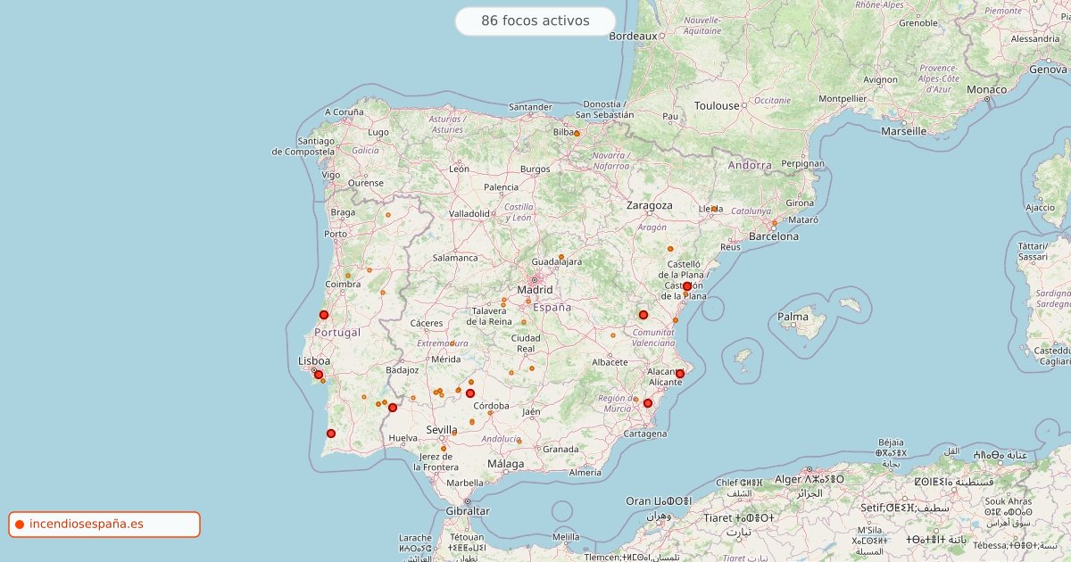 Mapa de incendios forestales activos en España el 11 de octubre de 2026