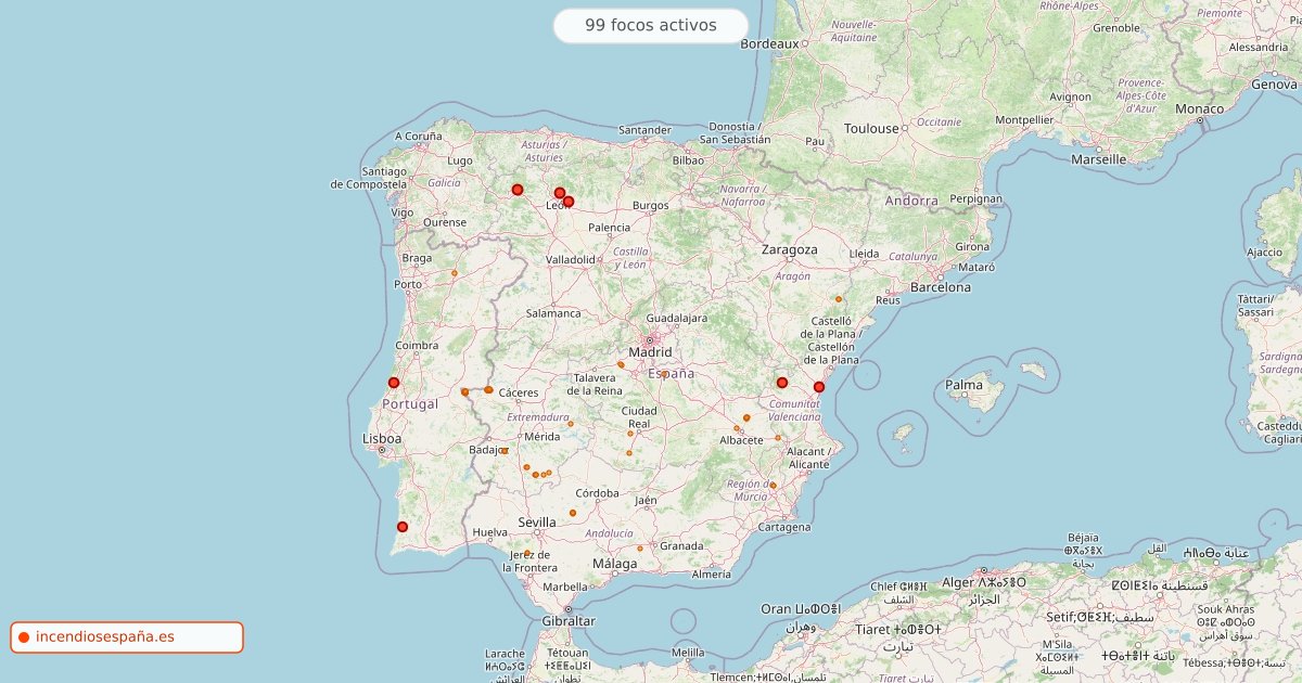 Mapa de incendios forestales activos en España el 12 de octubre de 2026