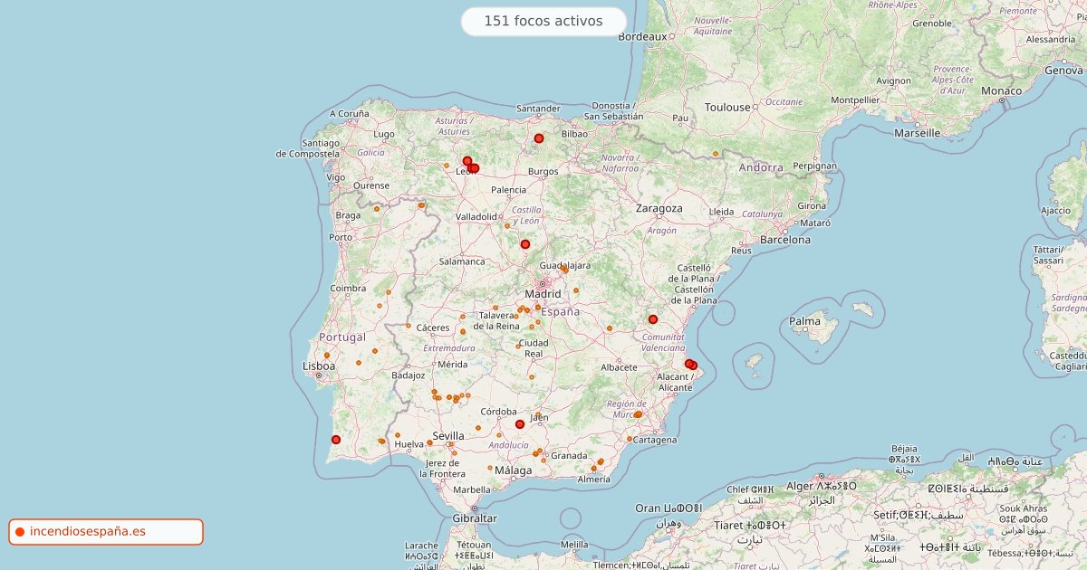 Mapa de incendios forestales activos en España el 13 de octubre de 2026