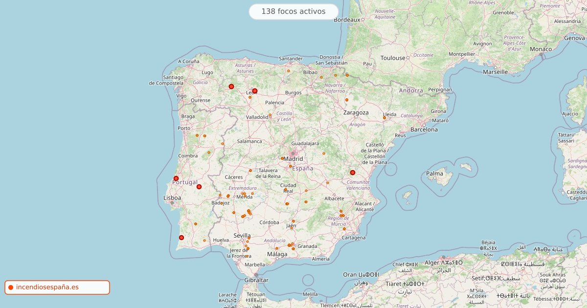 Mapa de incendios forestales activos en España el 14 de octubre de 2026