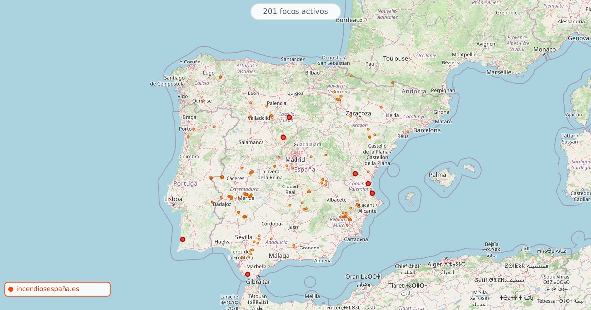 Mapa de incendios forestales activos en España el 15 de octubre de 2026