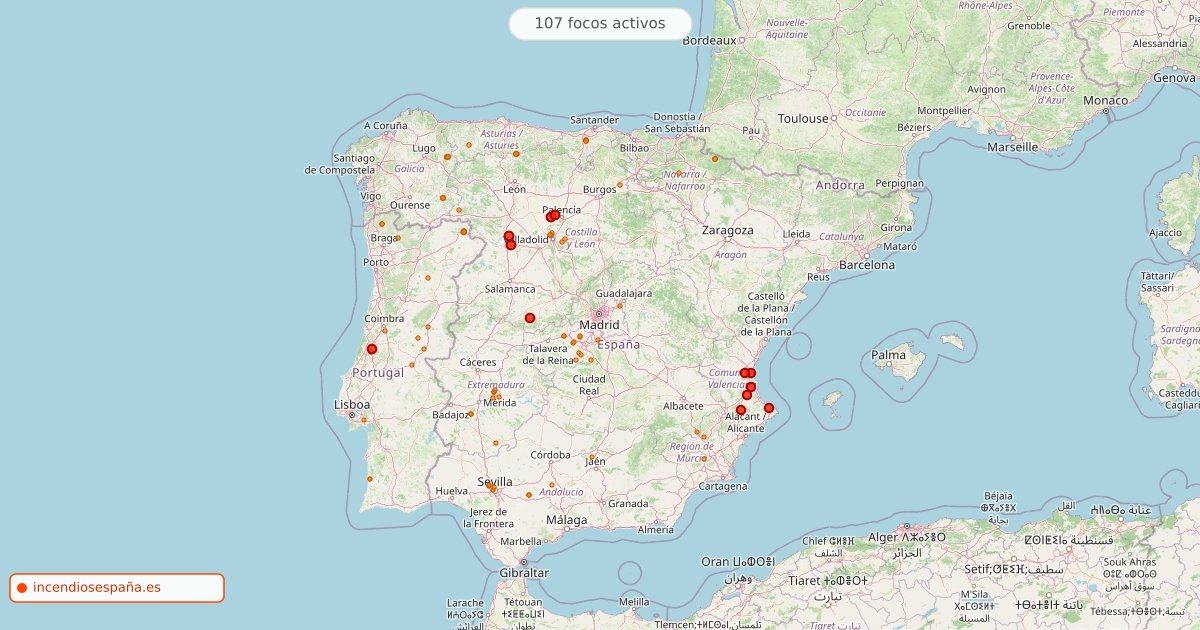 Mapa de incendios forestales activos en España el 16 de octubre de 2026