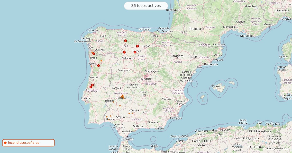 Mapa de incendios forestales activos en España el 20 de octubre de 2026